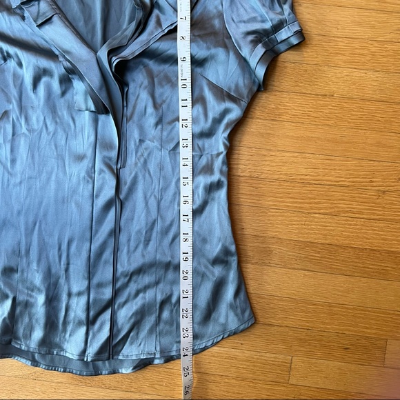 BCBGMAXAZRIA gun metal satin short sleeved blouse with ruffle detail - Picture 5 of 8